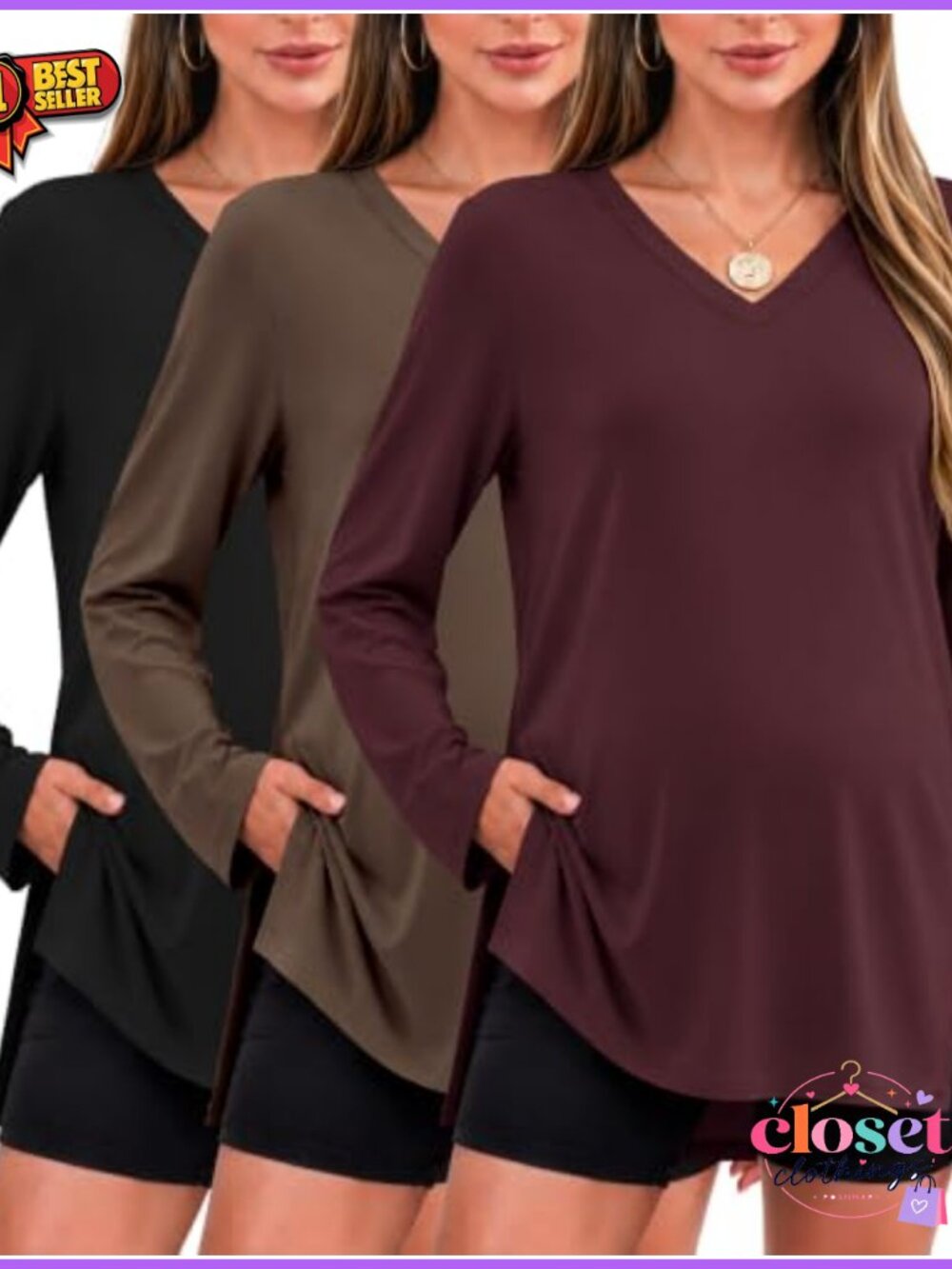 Maternity Long Sleeve V-Neck Shirts 3 Pack Pullover Tops